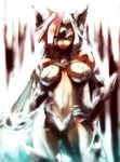  aliasing angry animal_ears breasts breasts_apart female ghost_sweeper_mikami hand_on_hip inuzuka_shiro large_breasts leotard looking_at_viewer multicolor_hair multicolored_hair navel no_bra solo white_fur 