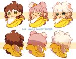  1girl 2boys :3 :d ahoge alternate_hair_ornament animal_ears animal_hands animated animated_gif banana_costume bangs bow brown_eyes brown_hair cat_boy cat_tail character_name chibi closed_eyes cosplay danganronpa_(series) danganronpa_2:_goodbye_despair dog_boy dog_ears dog_paws dog_tail drooling ear_bow grey_eyes hinata_hajime khee komaeda_nagito messy_hair monomi_(danganronpa) monomi_(danganronpa)_(cosplay) multiple_boys nanami_chiaki open_mouth rabbit_ears rabbit_girl rabbit_tail short_hair sleeping smile tail yellow_bow 