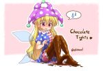  1girl american_flag_dress american_flag_legwear blonde_hair chocolate chocolate_on_body chocolate_on_clothes clownpiece english_text fairy fairy_wings food_on_body frilled_shirt_collar frills full_body hat highres jester_cap leggings long_hair neck_ruff open_mouth pink_eyes polka_dot shitacemayo short_sleeves sitting solo spoken_sweatdrop star_(symbol) star_print sweatdrop touhou twitter_username wings 