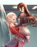  2girls :d absurdres blonde_hair brown_hair carrying closed_eyes floating_hair grey_skirt hand_on_another&#039;s_shoulder highres inoue_takina jacket lewol_7 long_hair long_sleeves looking_at_another looking_down lycoris_recoil lycoris_uniform miniskirt multiple_girls neck_ribbon nishikigi_chisato open_mouth pleated_skirt profile purple_eyes red_jacket ribbon shiny shiny_hair short_hair skirt smile straight_hair swat very_long_hair wing_collar 