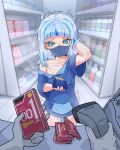  1girl ^^^ bangs barcode_scanner blue_eyes blue_hair blue_hoodie blunt_bangs buying_condoms cash_register collarbone condom condom_box convenience_store counter fish_tail flat_chest gawr_gura grey_hair hand_on_own_head heart heart-shaped_pupils highres holding holding_wallet hololive hololive_english hood hoodie long_hair looking_to_the_side mask moral_cacoethes multicolored_hair nervous nipple_slip nipples no_pants out_of_frame pov pov_hands pussy_juice shark_girl shark_tail shelf shop short_sleeves solo_focus streaked_hair sweat symbol-shaped_pupils tail trembling virtual_youtuber wallet 