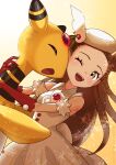  1girl ;d absurdres affectionate ampharos arutarika_(ri_kaoekaki) bare_shoulders brown_hair commentary_request dress gloves grey_eyes hat highres hug jasmine_(holiday_2022)_(pokemon) jasmine_(pokemon) long_hair official_alternate_costume one_eye_closed open_mouth pokemon pokemon_(game) pokemon_masters_ex red_gloves smile snowflakes teeth tongue upper_teeth_only white_dress white_headwear 