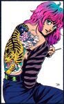  1girl aqua_eyes back_tattoo backboob bare_back belt breasts cigarette gradient_hair holding holding_cigarette irezumi kaneoya_sachiko long_hair long_sleeves looking_at_viewer looking_back multicolored_hair original pants parted_lips shirt smile solo striped striped_shirt tattoo 