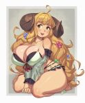  1girl absurdres ahoge anila_(granblue_fantasy) bangs blonde_hair blunt_bangs blush breasts cleavage curvy draph granblue_fantasy highres horns huge_breasts large_breasts long_hair looking_at_viewer open_mouth oppai_loli pointy_ears riz sheep_horns short_eyebrows smile solo thick_eyebrows thick_thighs thighs very_long_hair yellow_eyes 