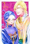  1boy 1girl blonde_hair blue_eyes blue_hair blush braid breasts cleavage closed_mouth dress earrings final_fantasy final_fantasy_iv final_fantasy_iv_the_after gilbart_chris_von_muir glasses green_eyes hal_(ff4) jewelry lipstick long_hair looking_at_viewer makeup mitsuharu_nene smile 