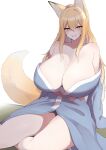  1girl animal_ear_fluff animal_ears bangs bare_shoulders blonde_hair blue_kimono blush breasts brown_eyes cleavage collarbone fox_ears fox_girl fox_tail grin highres huge_breasts japanese_clothes kimono long_hair long_sleeves looking_at_viewer off_shoulder original sidelocks sitting smile solo tail thighs yukage 