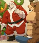  2022 absurd_res anthro balls_outline bear belly big_belly blush bottomwear brown_body bulge christmas christmas_clothing christmas_headwear christmas_tree clothed clothing detailed_background duo erection erection_under_clothing genital_outline hat headgear headwear hi_res holidays humanoid_hands jumperbear kemono male male/male mammal muscular muscular_male overweight overweight_male pants penis_outline plant polar_bear santa_claus santa_hat text tree url ursine white_body 