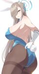 1girl animal_ears ass asuna_(blue_archive) asuna_(bunny)_(blue_archive) bangs bare_shoulders blue_archive blue_eyes blue_leotard blue_ribbon blush breasts brown_pantyhose detached_collar elbow_gloves fake_animal_ears gloves hair_over_one_eye hair_ribbon halo highleg highleg_leotard highres large_breasts leotard light_brown_hair long_hair looking_at_viewer looking_back open_mouth pantyhose playboy_bunny rabbit_ears rabbit_tail ribbon solo tail thighband_pantyhose thighs very_long_hair white_gloves yukage 