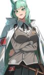  1girl :d absurdres animal_ear_fluff animal_ears arknights bangs black_skirt breasts cardigan cat_ears coat coat_on_shoulders commentary_request crossed_arms green_eyes green_hair grey_cardigan harmonie_(arknights) highres large_breasts long_hair long_sleeves looking_at_viewer open_mouth pleated_skirt shirt simple_background skirt smile solo soranoki very_long_hair white_background white_coat white_shirt 