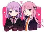  2girls arrow_(symbol) artist_name bangs black_jacket black_ribbon black_shirt braid closed_mouth collared_shirt cropped_torso danganronpa:_trigger_happy_havoc danganronpa_(series) danganronpa_2:_goodbye_despair english_text galaga hair_ornament hair_ribbon heart jacket khee kirigiri_kyouko light_blush light_purple_hair long_hair looking_at_another looking_to_the_side multiple_girls nanami_chiaki neck_ribbon necktie open_clothes open_jacket open_mouth orange_necktie personality_switch pink_background pink_eyes pink_hair pink_ribbon popped_collar purple_eyes purple_hair ribbon shirt side_braid sideways_glance sleeves_past_fingers sleeves_past_wrists teeth two-tone_shirt upper_body upper_teeth_only very_long_sleeves white_background white_shirt 