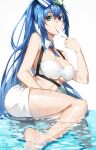  1girl absurdres azur_lane bandeau bangs bare_legs bare_shoulders barefoot bikini blue_eyes blue_hair character_request commentary_request detached_collar food hair_between_eyes hand_up highres long_hair looking_at_viewer popsicle shorts simple_background solo soranoki stomach strapless strapless_bikini swimsuit thighs very_long_hair water white_background white_bikini white_shorts 