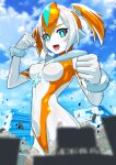  1girl blue_eyes blue_hair bodysuit breasts chest_jewel clenched_hands colored_skin commentary_request fang fighting_stance giant giantess highres medium_breasts multicolored_hair nikunopengin orange_hair original rubble short_twintails skin_tight solo tokusatsu twintails white_hair white_skin 