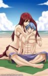  1boy 1girl arya-aiedail beach beach_towel blue_eyes blue_hair blue_sky blush brown_eyes cloud couple erza_scarlet facial_mark fairy_tail hair_between_eyes hetero hug hug_from_behind jellal_fernandes long_hair ocean red_hair sand short_hair sky smile swimsuit tattoo topless_male towel 