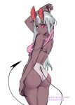  1girl arm_at_side arm_up ass bangs bare_shoulders bikini blush copyright_request cowboy_shot dark-skinned_female dark_skin demon_girl demon_horns demon_tail grey_bikini grey_hair horns long_hair looking_back original pink_eyes snegovski solo swimsuit tail web_address white_background 