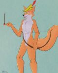  2019 anthro arrow_(weapon) balancing bow_(weapon) canid canine clothing disney ears_up fangs featureless_crotch fox fur hat hat_feather headgear headgear_only headwear headwear_only hi_res holding_bow_(weapon) holding_object holding_weapon jimfoxx looking_at_viewer loose_feather male mammal mostly_nude nude open_mouth raised_tail ranged_weapon robin_hood robin_hood_(disney) signature smile smiling_at_viewer solo standing teeth tongue weapon 
