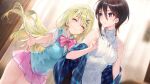  2girls :3 bangs black_hair blonde_hair blue_eyes blue_sweater blurry blurry_background bow bowtie closed_eyes closed_mouth collared_shirt cowboy_shot crown_hair_ornament dress_shirt dsmile floating_hair furutachi_ren game_cg hair_between_eyes hair_ornament hairclip hayahoshi_akuru indoors long_hair miniskirt multiple_girls oshi_no_love_yori_koi_no_love outstretched_arm pink_bow pink_bowtie pink_skirt pleated_skirt ribbed_sweater sash school_uniform shiny shiny_hair shirt short_hair short_sleeves skirt sleeveless sleeveless_sweater striped striped_bow striped_bowtie sweatdrop sweater sweater_vest turtleneck turtleneck_sweater very_long_hair white_shirt white_sweater wing_collar 