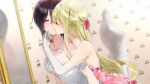  2girls black_hair blonde_hair closed_eyes closed_mouth collarbone dress dsmile elbow_gloves floating_hair furutachi_ren game_cg gloves hair_ribbon hayahoshi_akuru kiss kiss_from_behind leaning_forward long_hair multiple_girls off-shoulder_dress off_shoulder oshi_no_love_yori_koi_no_love pink_dress pink_ribbon ribbon shiny shiny_hair short_hair strapless strapless_dress very_long_hair wedding_dress white_dress white_gloves yuri 