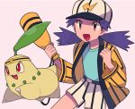  1girl :d baseball_cap belt belt_buckle black_belt brown_eyes buckle casey_(pokemon) chikorita clenched_hand commentary_request eyelashes green_shirt hat highres holding jacket long_hair open_clothes open_jacket open_mouth pokemon pokemon_(anime) pokemon_(classic_anime) pokemon_(creature) purple_hair shirt shorts smile tongue twintails tyako_089 white_headwear white_shorts yellow_jacket 