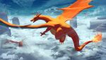  above_clouds absurdres charizard claws cloud commentary_request dragon fangs flame-tipped_tail flying highres kouseki_(ujyh7732) looking_back no_humans open_mouth pokemon pokemon_(creature) watermark 