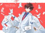  1boy bird blue_eyes card character_name collared_shirt dove formal gloves hair_between_eyes happy_birthday hat kaitou_kid kuroba_kaito long_sleeves magic_kaito male_focus necktie red_background red_necktie shirt smile streamers suit teeth white_gloves white_headwear white_suit yumashiki 