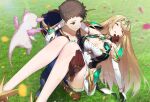  1boy 1girl black_gloves blonde_hair breasts brown_eyes brown_hair carrying chest_jewel circlet cleavage closed_eyes detached_sleeves fainted from_above gloves grass green322 helmet large_breasts long_hair looking_at_another mythra_(xenoblade) parted_lips princess_carry short_hair very_long_hair white_gloves xenoblade_chronicles_(series) xenoblade_chronicles_2 