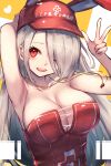  1girl absurdres animal_ears arm_up armpits azur_lane bangs bare_shoulders blush breasts cleavage collarbone commentary_request fake_animal_ears grey_hair hair_between_eyes hair_over_one_eye heart highres large_breasts long_hair mole mole_under_eye official_alternate_costume one-piece_swimsuit one_eye_closed open_mouth prinz_heinrich_(azur_lane) rabbit_ears red_eyes red_headwear red_one-piece_swimsuit reizouko sidelocks smile solo standing strapless strapless_swimsuit swimsuit teeth upper_body upper_teeth_only v very_long_hair whistle whistle_around_neck 
