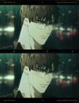  1boy artist_name blurry blurry_background brown_hair copyright_name glasses green_eyes highres jaxx_s2 kodak_(company) korean_commentary looking_at_viewer looking_to_the_side male_focus matthew_raynor multiple_views polaroid rain thick_eyebrows under_the_greenlight 