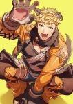  1boy animal_ears bangs black_tank_top blonde_hair cropped_jacket fangs feb_itk fur_collar granblue_fantasy highres jacket large_pectorals male_focus muscular muscular_male official_alternate_costume open_clothes open_jacket open_mouth orange_jacket pectorals shirt short_hair solo tail tank_top torn_clothes torn_shirt vane_(granblue_fantasy) vane_(halloween)_(granblue_fantasy) white_shirt wolf_boy wolf_ears wolf_paws wolf_tail 