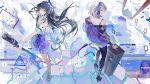  2girls back-to-back bare_shoulders black_hair commentary_request copyright_name cursor disembodied_limb dress earpiece frilled_dress frills full_body girls&#039;_frontline girls&#039;_frontline_neural_cloud grey_hair groove_(girls&#039;_frontline_nc) halo headphones high_heels highres holding holding_microphone_stand jacket long_hair looking_at_viewer looking_back microphone microphone_stand multiple_girls nanaka_(girls&#039;_frontline_nc) off_shoulder official_art pants purple_jacket reeh_(yukuri130) short_hair window_(computing) 