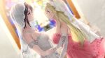  2girls black_hair blonde_hair blue_eyes blurry blurry_background breasts bridal_veil brown_eyes church closed_mouth collarbone dress dsmile elbow_gloves eye_contact furutachi_ren game_cg gloves hayahoshi_akuru indoors layered_dress long_hair looking_at_another medium_breasts multiple_girls off-shoulder_dress off_shoulder oshi_no_love_yori_koi_no_love pink_dress shiny shiny_hair short_hair stained_glass strapless strapless_dress veil very_long_hair wedding_dress white_dress white_gloves wife_and_wife yuri 