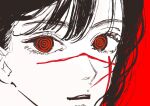  1girl chainsaw_man close-up cross_scar highres looking_at_viewer needbee_r red_background red_eyes red_theme ringed_eyes scar scar_on_cheek scar_on_face simple_background solo yoru_(chainsaw_man) 