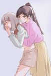  2girls aroused behind_another black_hair blush breast_grab brown_shorts closed_mouth clothes_lift commentary_request covering_mouth frilled_shirt frilled_sleeves frills grabbing grey_background groping hair_ribbon hazuki_ren highres kikorinolily lifted_by_another light_brown_hair long_hair long_skirt love_live! love_live!_superstar!! multiple_girls parted_lips pink_sweater ponytail ribbon shiny shiny_hair shirt shirt_lift short_hair shorts skirt sweater tang_keke two-tone_shirt yellow_eyes yellow_skirt yuri 