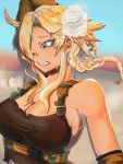  17888haya 1girl arm_up armpits bare_shoulders blonde_hair blue_eyes blurry blurry_background braid breasts buckle check_commentary cleavage clenched_teeth commentary commentary_request elbow_sleeve eyelashes freckles hair_over_one_eye highres hyena_(last_origin) large_breasts last_origin looking_down mole mole_under_eye sharp_teeth sidelocks sleeveless smell spiked_hair sweat teeth thought_bubble twin_braids worried 