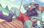  anthro beach_chair bodily_fluids bottomwear claws clothed clothing cobu digital_media_(artwork) dragon dripping drying feet grin hi_res horn looking_at_viewer male muscular muscular_anthro muscular_male outside reclining sand scalie shorts smile solo teeth towel water wet wingless_dragon 