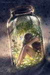 1girl ashes black_hair black_tank_top blue_flower bottle bug butterfly cork crossed_arms flower grass highres in_bottle in_container leaf original sitting tank_top yuumei 