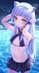 1girl absurdres animal_ears bangs bikini bikini_skirt blunt_bangs blush breasts cat_ears cat_tail commentary_request cowboy_shot frills grey_hair hairband highres hololive long_hair looking_at_viewer masaki_(msk064) midriff murasaki_shion navel night parted_lips pool revision small_breasts solo standing swimsuit tail virtual_youtuber wading water wet yellow_eyes 
