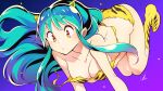  1girl animal_print bra_slip breasts green_hair highres horns long_hair lum medium_breasts oni_horns orange_eyes print_footwear simple_background solo urusei_yatsura yasu_(pixiv) 