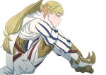  1girl aduti_momoyama armor blonde_hair braid cape crown_braid eyelashes fire_emblem fire_emblem_heroes from_side full_body gloves green_eyes highres long_hair low-tied_long_hair pointed_footwear scale_armor sharena_(fire_emblem) simple_background sitting solo striped_sleeves white_background white_cape 