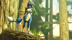  3d_(artwork) anthro blue_body blue_eyes blue_fur blue_hair bottomwear canid canine clothed clothing digital_media_(artwork) female forest fox fur hair hi_res jewelry krystal loincloth looking_at_viewer mammal nintendo plant simple_background smile solo source_filmmaker standing star_fox tree video_games viper-desires weapon white_body white_fur 