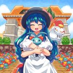  1girl :d black_headwear blue_hair chimecho closed_eyes commission commissioner_upload flower food frills fruit highres hinanawi_tenshi holding holding_pokemon leaf long_hair looking_at_viewer non-web_source open_mouth peach pmx pokemon pokemon_(creature) red_eyes shirt short_sleeves skeb_commission skirt smile swablu touhou 