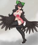  1girl absurdres ahoge alternate_costume bangs bird_legs black_feathers black_hair black_wings blush bow bra breasts caramella_licarush cleavage commentary crossed_bangs english_commentary feathered_wings feathers full_body green_bow grey_background hair_between_eyes hair_bow harpy highres large_breasts long_hair looking_at_viewer monster_girl monsterification navel one_eye_closed panties pink_babydoll red_bra red_eyes red_panties reiuji_utsuho solo standing standing_on_one_leg talons third_eye touhou underwear winged_arms wings 