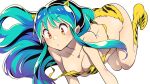  1girl animal_print bra_slip breasts green_hair highres horns long_hair lum medium_breasts oni_horns orange_eyes print_footwear solo urusei_yatsura white_background yasu_(pixiv) 