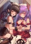  2girls animal_ears arm_strap bangs bat_ears bat_wings black_bra black_eyes black_hair black_nails black_ribbon black_skirt black_tail black_thighhighs black_wings blunt_bangs blush bra breasts cleavage commentary_request commission creature cross-shaped_pupils curtains demon_girl demon_horns demon_tail detached_collar detached_sleeves ear_piercing fingernails frilled_cuffs frilled_sleeves frills hair_ornament hair_tie heart highres holding_hands horns kneeling long_hair looking_at_viewer maid_headdress medium_breasts midriff multiple_girls nail_polish navel neck_ribbon open_mouth original piercing pleated_skirt pointy_ears ponytail purple_hair rabbit_hair_ornament red_bra red_eyes red_pupils red_ribbon red_tail red_wings ribbon shuru_y sidelocks sitting skeb_commission skirt small_breasts smile symbol-shaped_pupils tail teeth thighhighs twintails underwear white_thighhighs wings wrist_cuffs 
