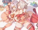  3girls animal_ears ass bangs black_hair blue_eyes blue_hair blush box breast_grab breasts brown_eyes cat_ears collarbone cutesexyrobutts elbow_gloves ethel_(xenoblade) fiery_hair gift gift_box gloves grabbing gradient_hair grey_eyes grey_hair highres large_breasts long_hair medium_breasts medium_hair mio_(xenoblade) multicolored_hair multiple_girls navel one_eye_closed open_mouth panties red_gloves red_panties red_ribbon red_thighhighs ribbon sena_(xenoblade) short_hair smile thighhighs thighs underwear xenoblade_chronicles_(series) xenoblade_chronicles_3 