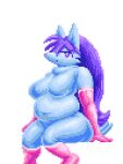  animated anthro belly belly_jiggle blue_body blue_fur breast_jiggle breasts canid canine digital_media_(artwork) featureless_breasts female fur gittigiti hair hand_on_breast hand_on_hair hand_on_leg hand_on_stomach hand_on_thigh jiggling long_hair loop mammal navel overweight overweight_anthro overweight_female pixel_(artwork) pixel_animation purple_eyes purple_hair simple_background solo thigh_jiggle white_background 