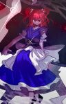  1girl asuku_(69-1-31) bangs black_background blue_dress closed_mouth coin dress hair_bobbles hair_ornament highres holding holding_scythe looking_at_viewer onozuka_komachi red_eyes red_hair sash scythe short_hair short_sleeves smile solo standing touhou two_side_up 