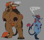  anthro big_breasts blue_body bodily_fluids breast_milking breasts brown_body claws dialogue duo female fluffy fluffy_tail genitals hair hi_res horn karnator lactating nipples one_eye_closed open_mouth open_smile orange_hair pink_hair pussy smile speech_bubble thick_thighs troll yellow_eyes 