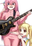  2girls absurdres ahoge bangs blonde_hair blue_eyes bocchi_the_rock! bow brown_eyes clothes_pull collared_shirt cube_hair_ornament electric_guitar english_commentary gibson_les_paul gotou_hitori guitar hair_between_eyes hair_ornament hair_over_eyes highres holding holding_instrument holding_plectrum ijichi_nijika instrument jacket long_hair madaotheory multiple_girls one_side_up panties pants pants_pull pink_hair pink_jacket pink_pants pink_track_suit plectrum pulled_by_another red_bow shirt short_sleeves side_ponytail sidelocks simple_background suspenders track_jacket track_pants underwear white_background white_shirt 