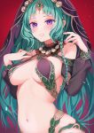  1girl arabian_clothes bangs blush breasts commentary fate/grand_order fate_(series) fingernails green_hair harem_outfit head_chain headpiece highres jewelry kashuu_(pixiv_66328082) large_breasts long_hair looking_at_viewer mole mole_on_breast navel parted_bangs purple_eyes purple_nails red_background revealing_clothes salome_(fate) solo stomach veil 