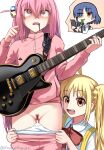  2girls 3girls @_@ absurdres ahoge bangs blonde_hair blue_hair bocchi_the_rock! bow brown_eyes camera_flash cellphone clothes_pull collared_shirt cube_hair_ornament electric_guitar english_commentary female_pubic_hair gibson_les_paul gotou_hitori guitar hair_between_eyes hair_ornament hair_over_eyes highres holding holding_instrument holding_phone holding_plectrum ijichi_nijika instrument jacket long_hair madaotheory multiple_girls one_side_up panties pants pants_pull phone pink_hair pink_jacket pink_pants pink_track_suit plectrum pubic_hair pulled_by_another pussy red_bow saliva shirt short_sleeves side_ponytail sidelocks simple_background smartphone suspenders track_jacket track_pants underwear white_background white_shirt yamada_ryou 